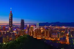 Panorama urbain de Taipei au crépuscule avec la tour illuminée Taipei 101 se détachant sur l'horizon.
