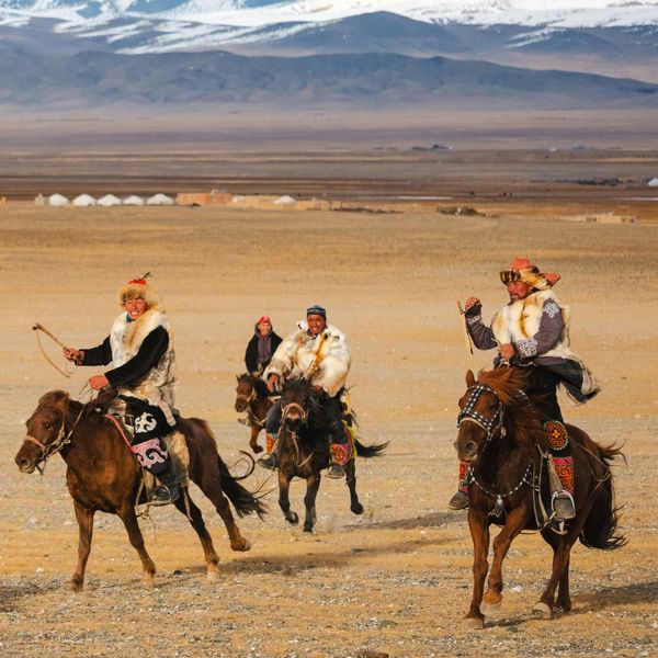 Cavaliers sur leurs chevaux dans la steppe