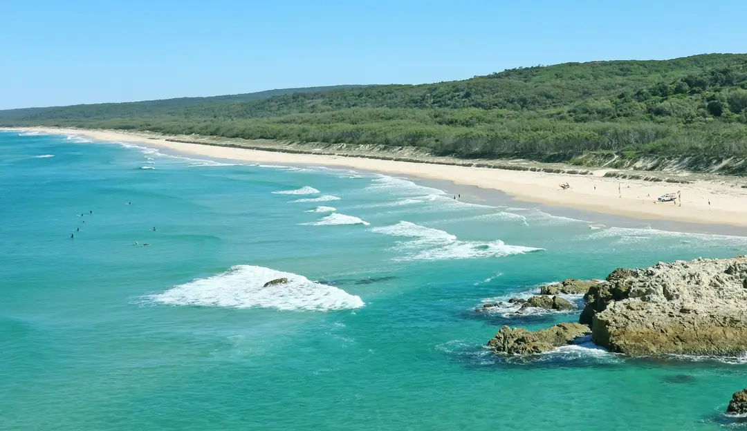 Rivage sauvage bordé par une mer turquoise et une forêt dense à Stradbroke Island