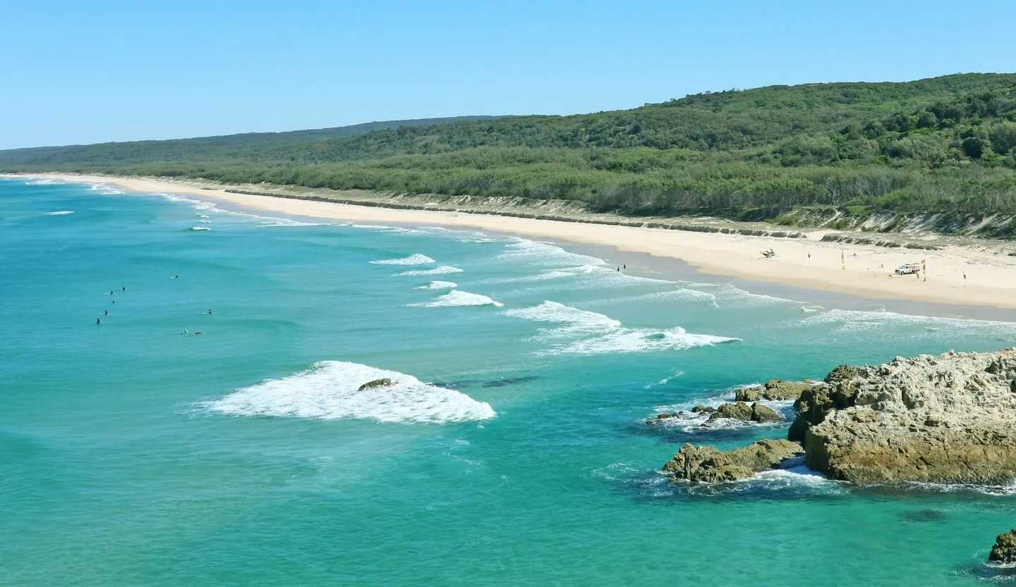 Rivage sauvage bordé par une mer turquoise et une forêt dense à Stradbroke Island