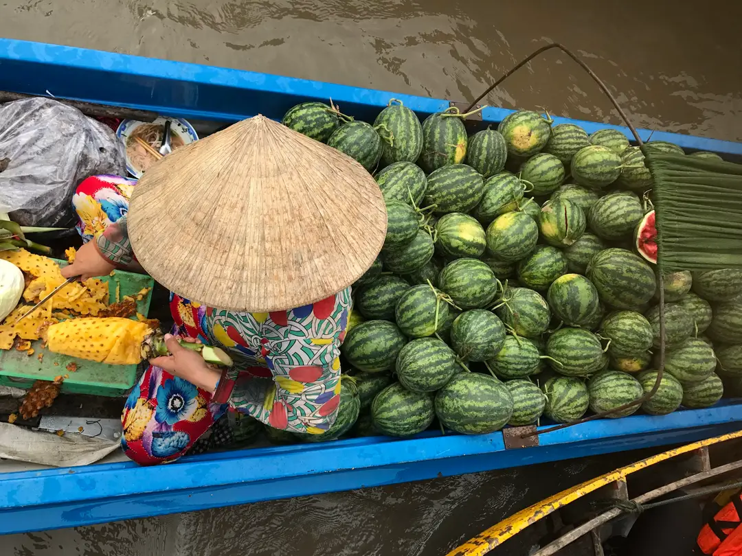 Voyage en Asie – Vue aérienne d'une marchande en chapeau conique découpant un ananas sur sa barque remplie de pastèques au Vietnam.