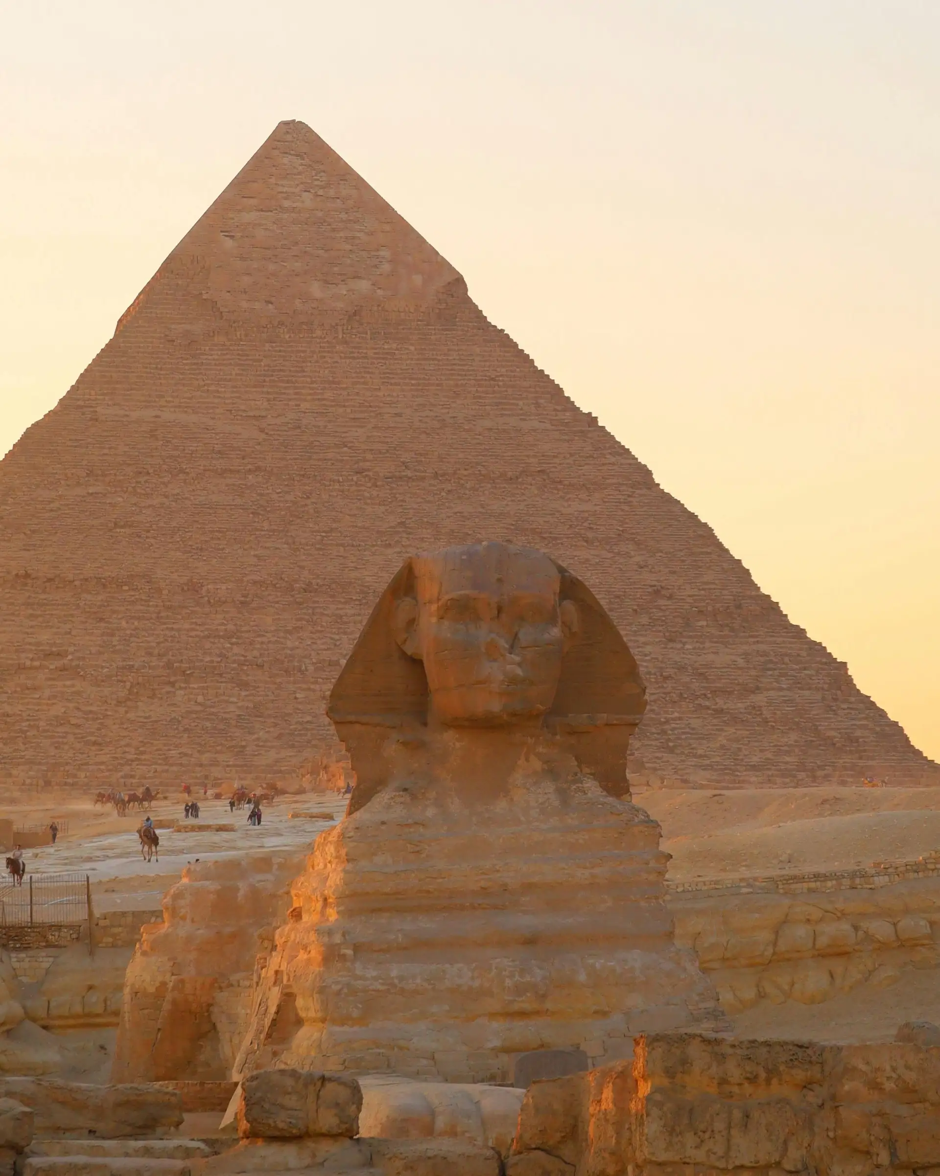 Le sphinx et une pyramide de Gizeh au coucher du soleil en Egypte