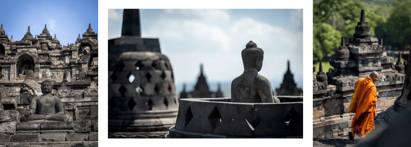 Voyage en Indonésie - Bouddhas de face, puis de dos, et moine bouddhiste au sommet du temple de Borobudur