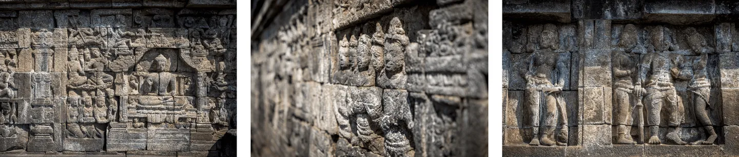 Voyage en Indonésie - détail des bas-reliefs sculptés du temple de Borobudur, narrant la vie du Bouddha