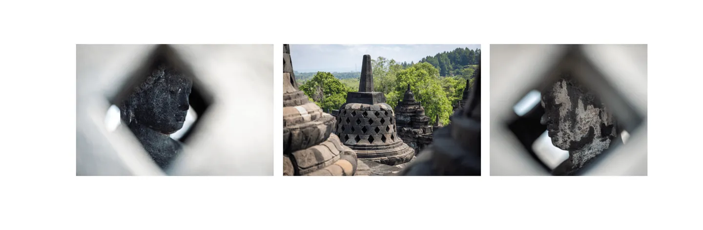 Voyage en Indonésie - 72 stupas perforés au sommet de Borobudur avec statues de Bouddha visibles