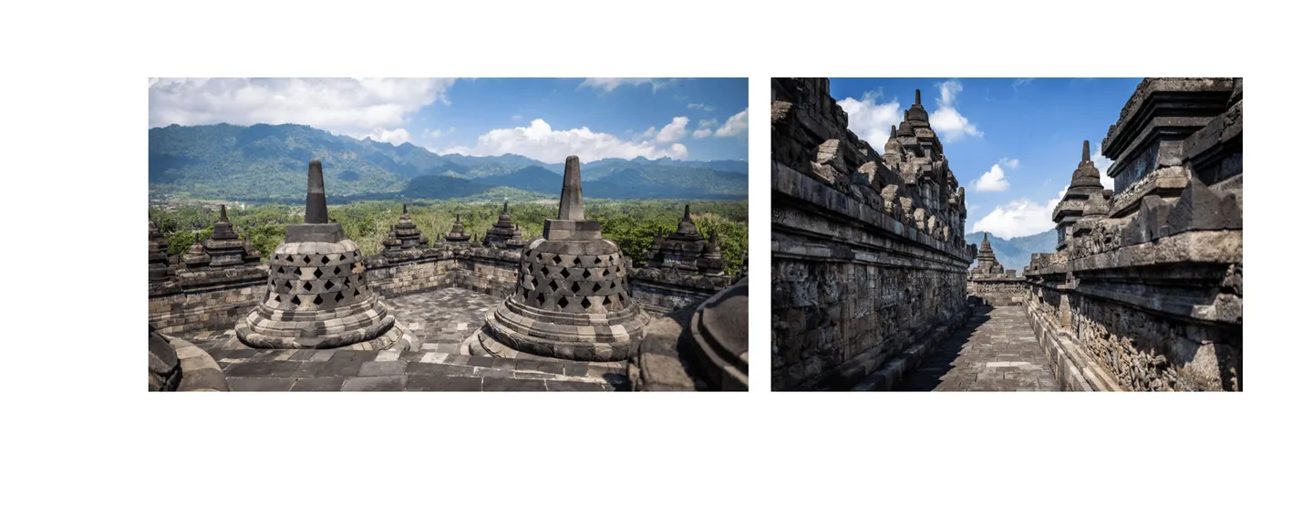Voyage en Indonésie - tunnels de pierre de Borobudur avec Bouddhas figés dans le silence éternel