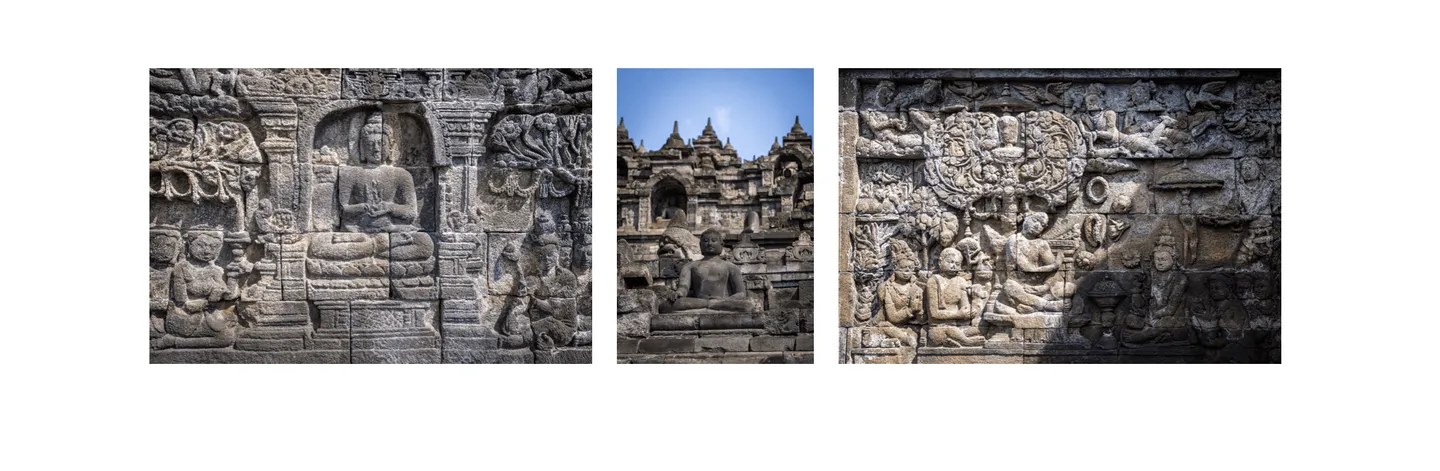 Voyage en Indonésie - bas-reliefs de Borobudur avec 2 672 panneaux sculptés narrant les vies du Bouddha