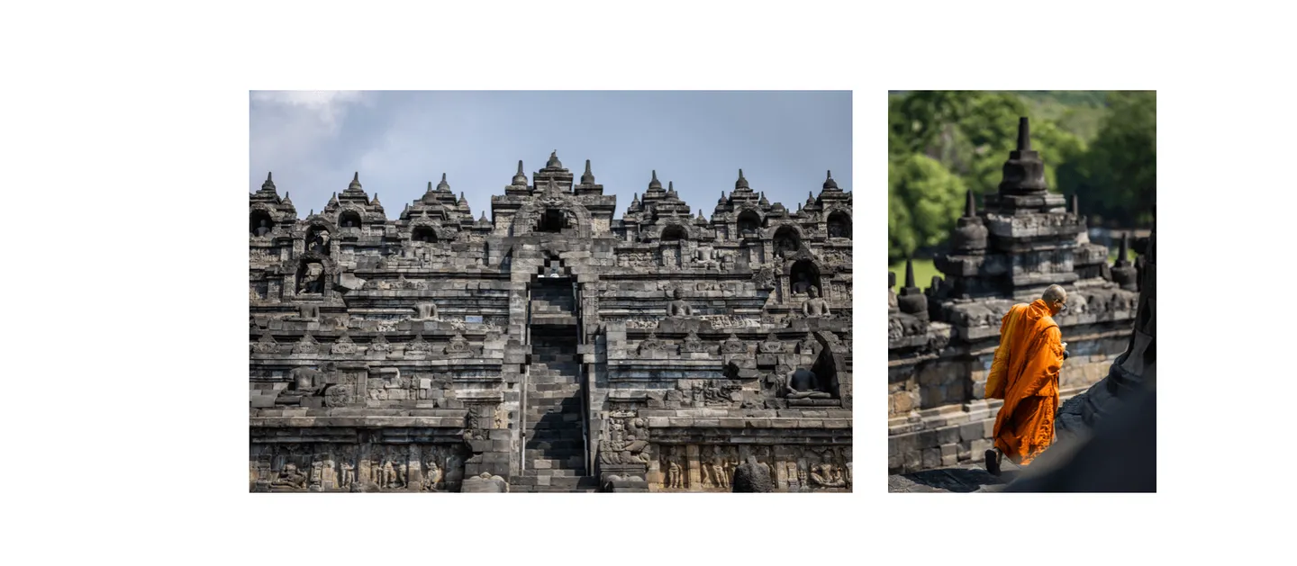 Voyage en Indonésie - Moine et Borobudur avec neuf niveaux empilés : six terrasses carrées et trois circulaires