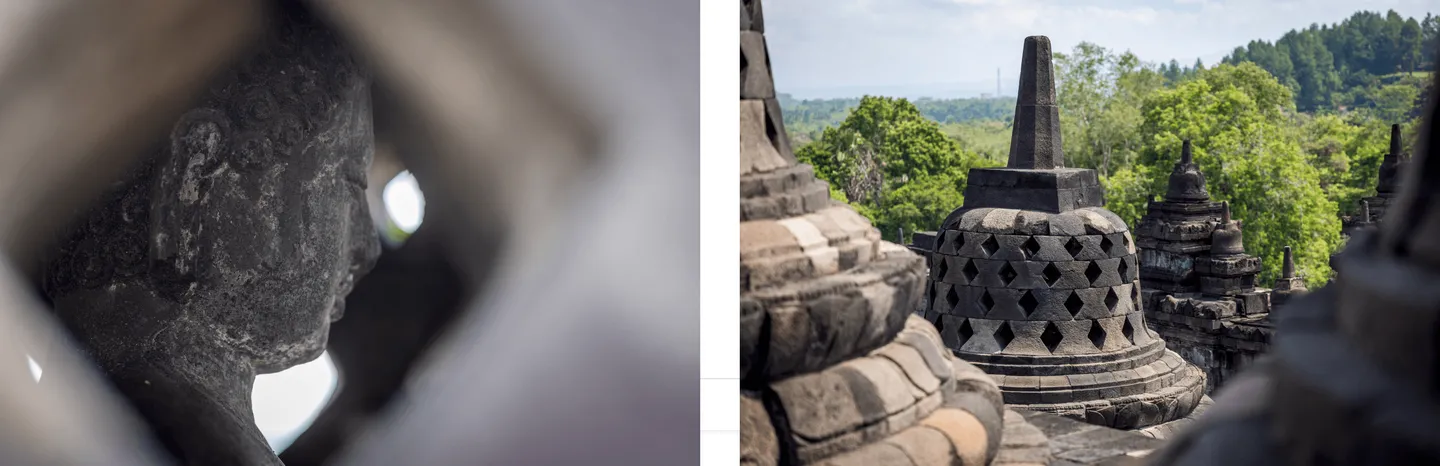 Voyage en Indonésie - Bouddha et stuppas perforés, vue depuis le sommet de Borobudur sur la plaine de Java