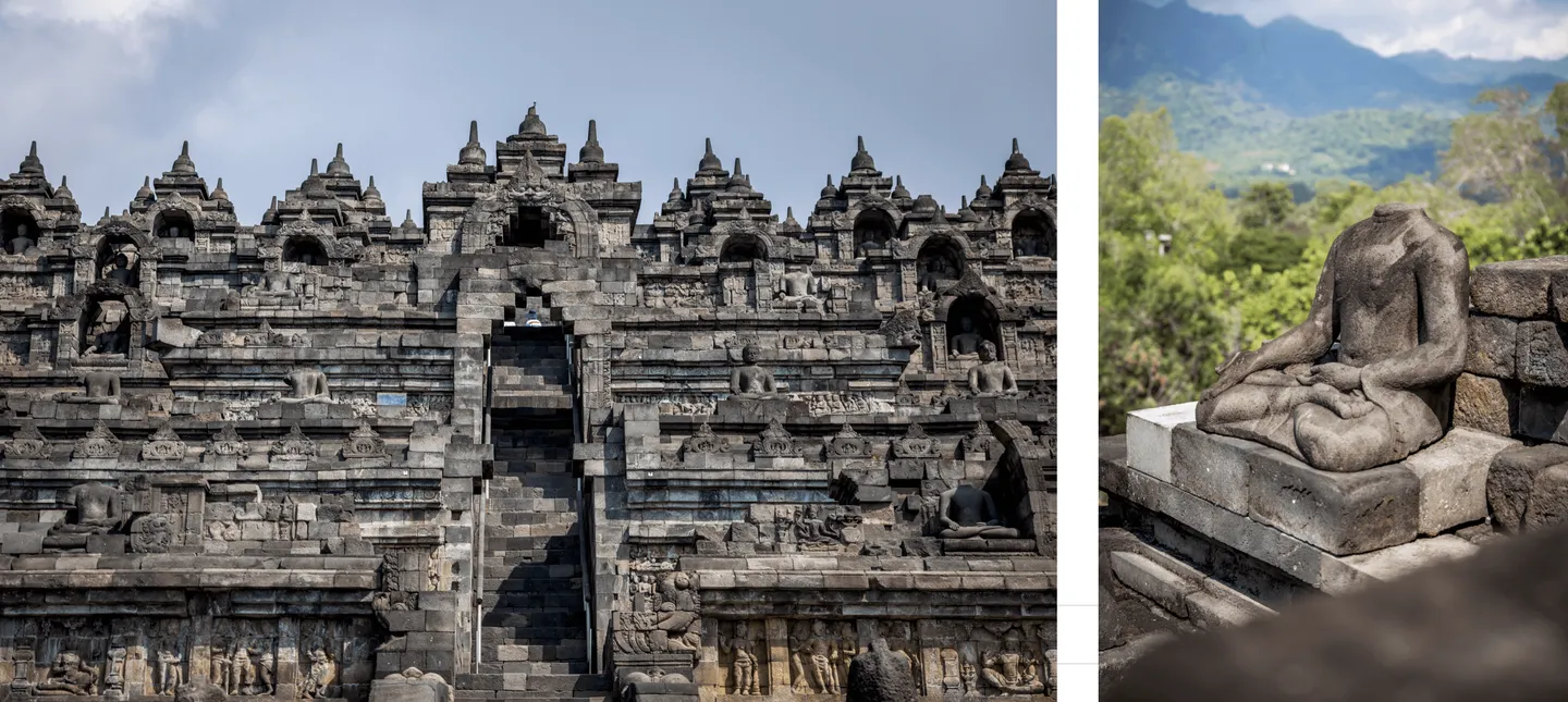 Voyage en Indonésie - bas-reliefs sculptés et statue de Bouddha à Borobudur