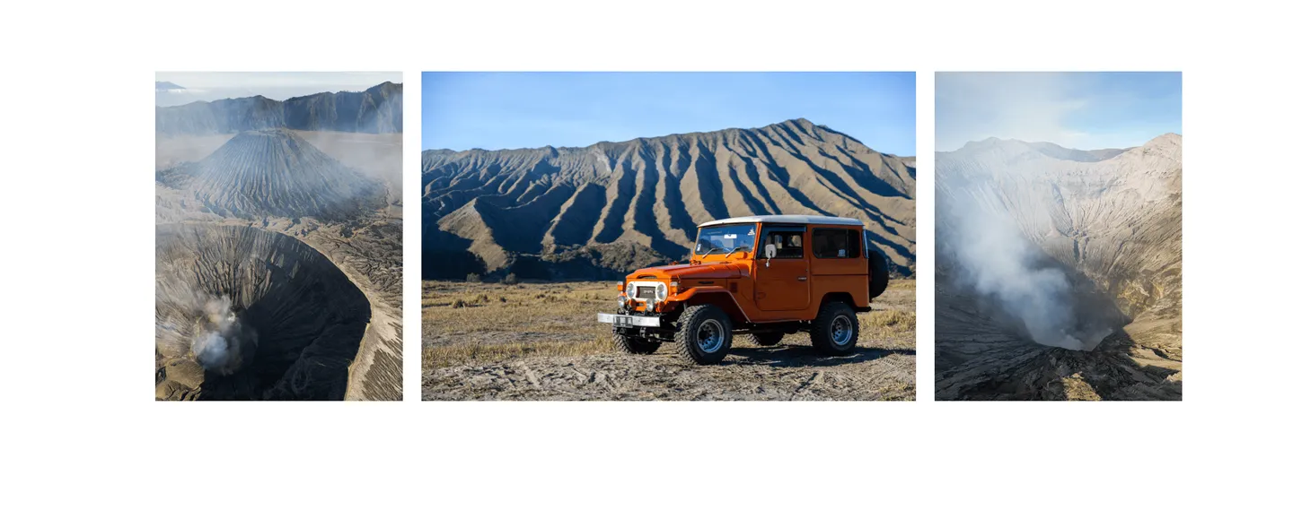 Voyage en Indonésie - jeep typique, chaleur volcanique et soufre âcre avec la terre grondant dans le cratère du Bromo