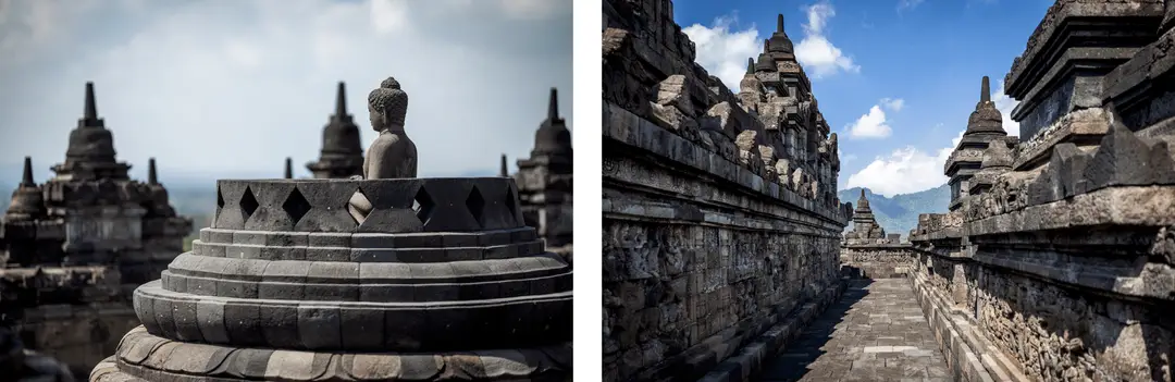 Voyage en Indonésie - Bouddha de dos et corridors sculptés de bas-reliefs dans le temple de Borobudur à Java