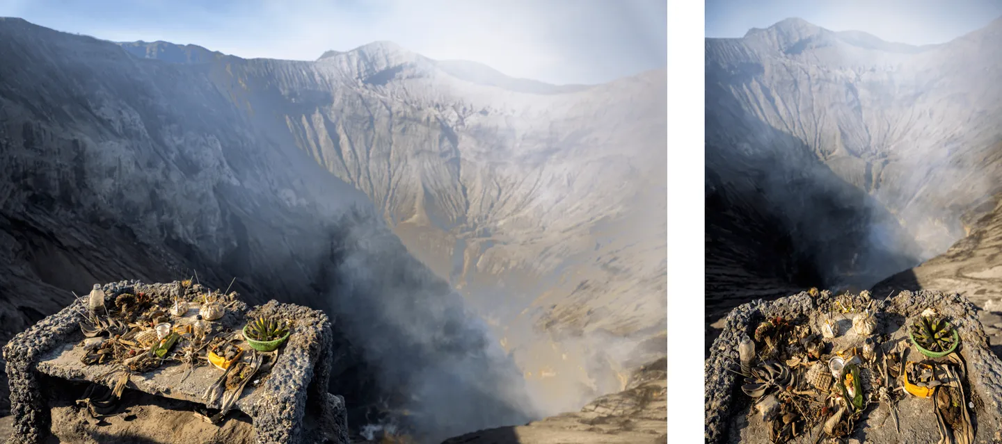Voyage en Indonésie - offrandes au bord du cratère du Mont Bromo, lieu sacré des Tengger Voyage en Indonésie - offrandes au bord du cratère du Mont Bromo, lieu sacré des Tengger