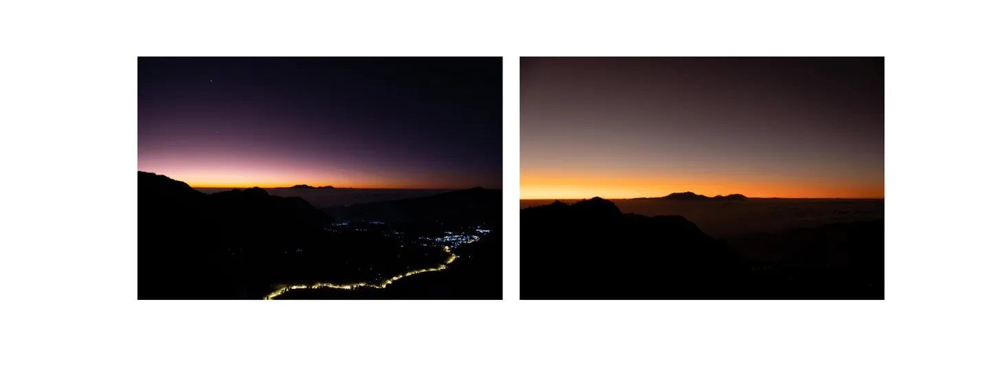 Voyage en Indonésie - horizon s'illuminant progressivement : bleu pâle, rose, orange flamboyant au Bromo