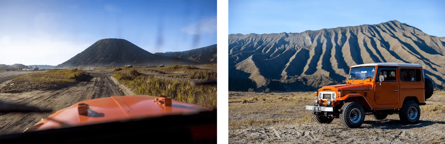 Voyage en Indonésie - jeep traversant la Mer de Sable au pied du Mont Bromo à Java Voyage en Indonésie - jeep traversant la Mer de Sable au pied du Mont Bromo à Java