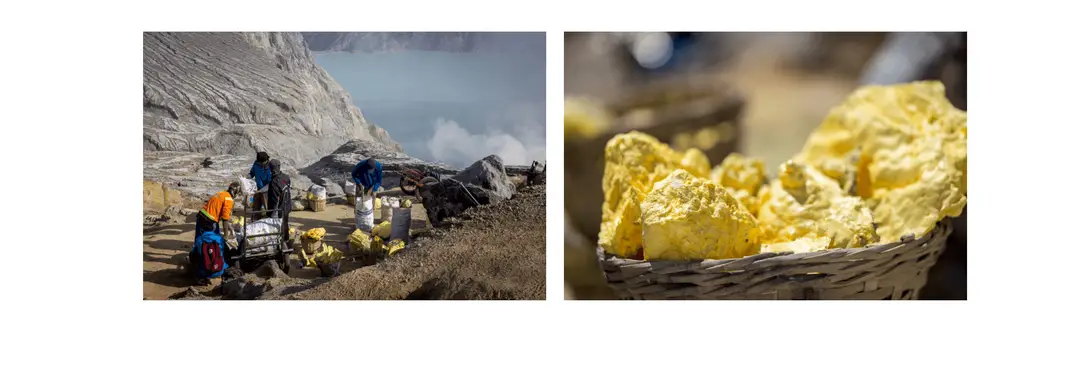 Voyage en Indonésie - blocs de soufre jaune vif extraits des fumerolles du Mont Ijen