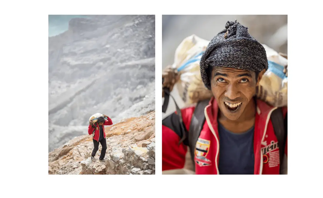 Voyage en Indonésie - portrait d'un porteur de soufre du Mont Ijen, son visage montre sa souffrance due à l'incroyable intensité de l'effort