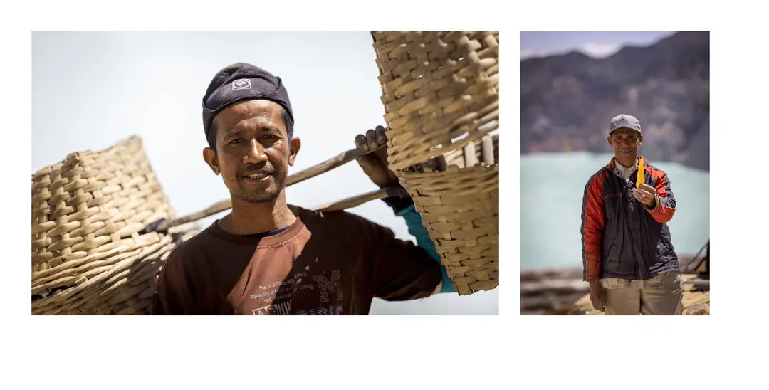 Voyage en Indonésie - portraits de deux porteurs de soufre du Mont Ijen, souriant malgré leurs difficiles conditions de travail