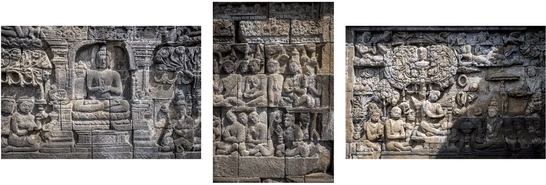 Voyage en Indonésie - panneaux sculptés de Borobudur représentant des scènes de la vie javanaise au IXe siècle