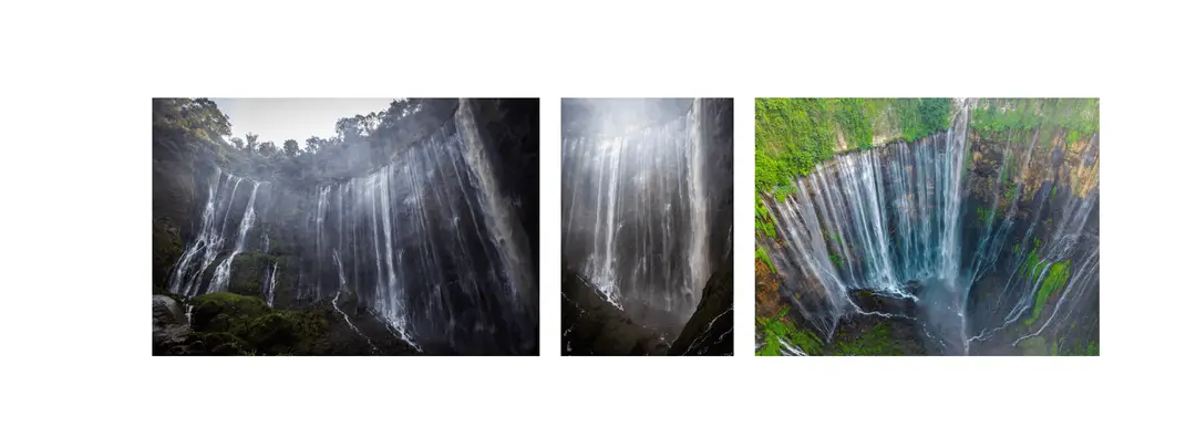 Voyage en Indonésie - paroi semi-circulaire de Tumpak Sewu avec cascades entrecroisées spectaculaires