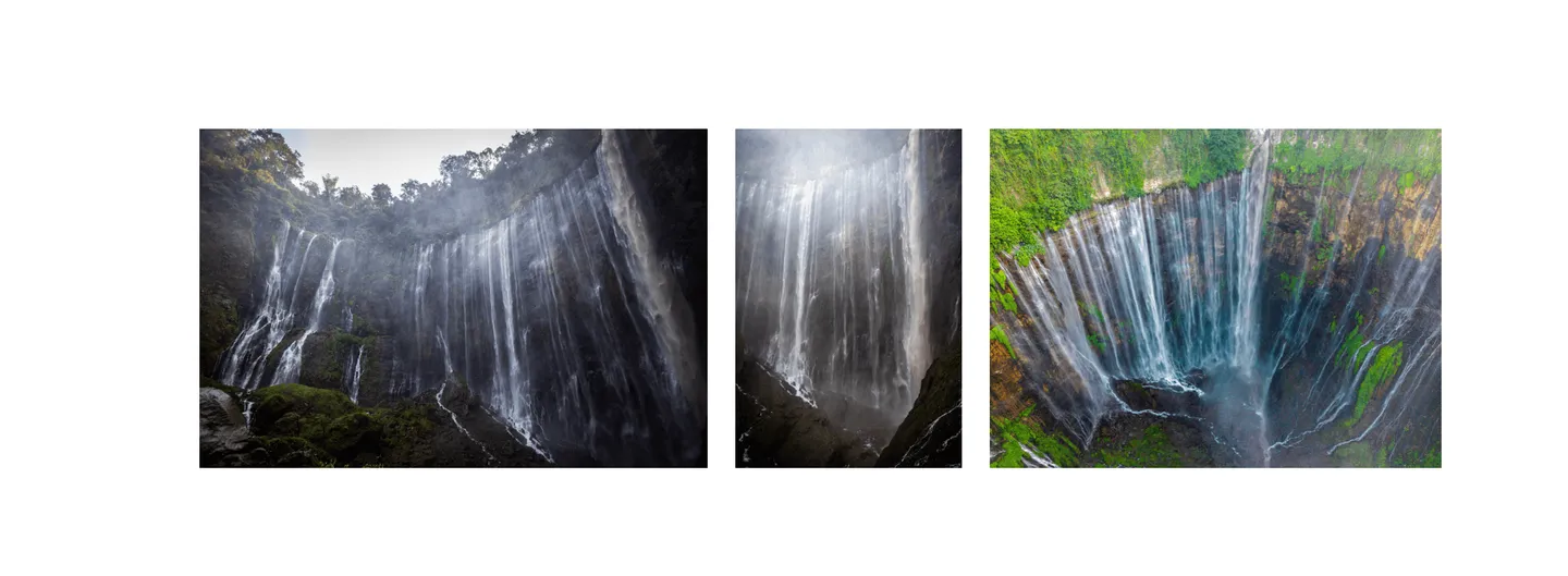 Voyage en Indonésie - paroi semi-circulaire de Tumpak Sewu avec cascades entrecroisées spectaculaires