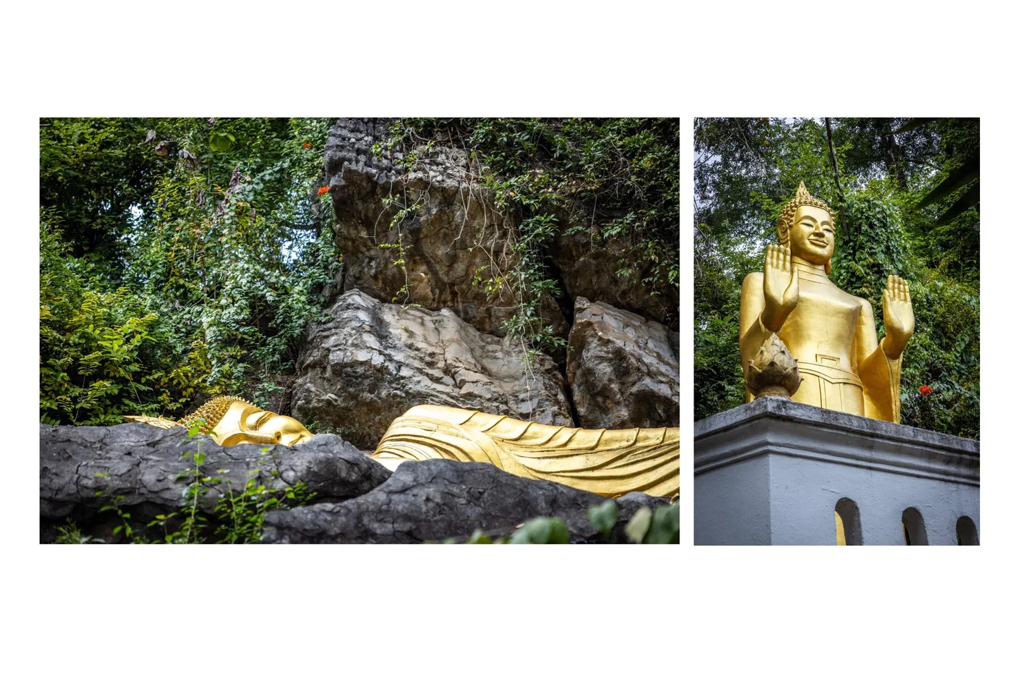 Voyage au Laos - statues de Bouddha debout et couché sur le Mont Phousi