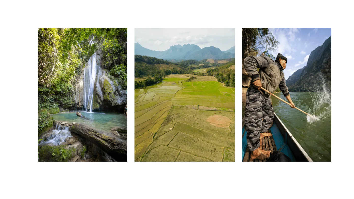 Voyage au Laos - rizières en terrasses, cascade et pêche traditionnelle dans la région de Muang Ngoi, dans le nord du Laos.