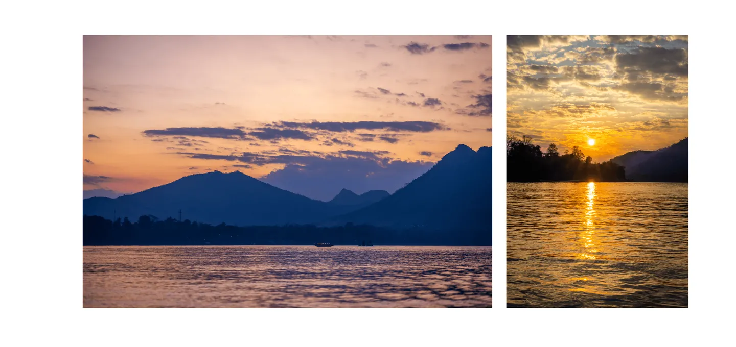 Voyage au Laos - sunset cruise sur le Mékong aux teintes dorées et orangées Voyage au Laos - sunset cruise sur le Mékong aux teintes dorées et orangées