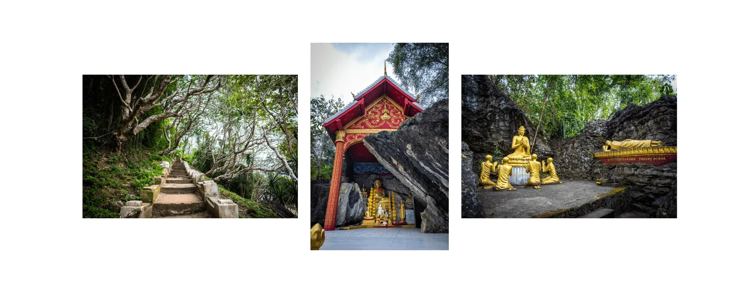 Voyage au Laos - escalier de 328 marches du Mont Phousi jalonné d’autels et statues de Bouddha Voyage au Laos - escalier de 328 marches du Mont Phousi jalonné d’autels et statues de Bouddha