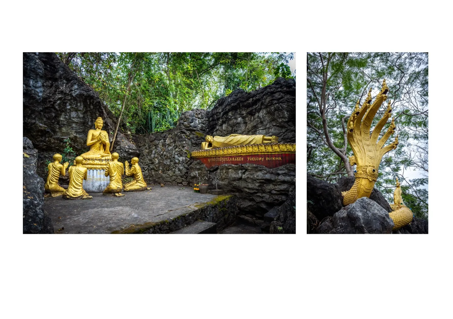 Voyage au Laos - parcours bouddhiste le long des escaliers du Mont Phousi avec autels et statues dorées