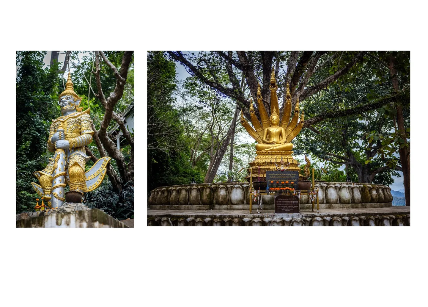 Voyage au Laos - parcours bouddhiste le long des escaliers du Mont Phousi avec autels et statues dorées