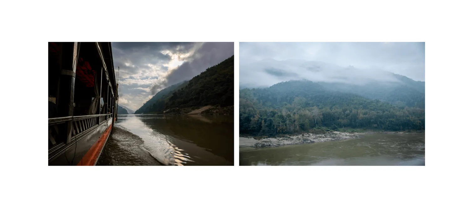 Voyage au Laos - montagnes du Mékong se profilent comme des ombres chinoises à l'aube