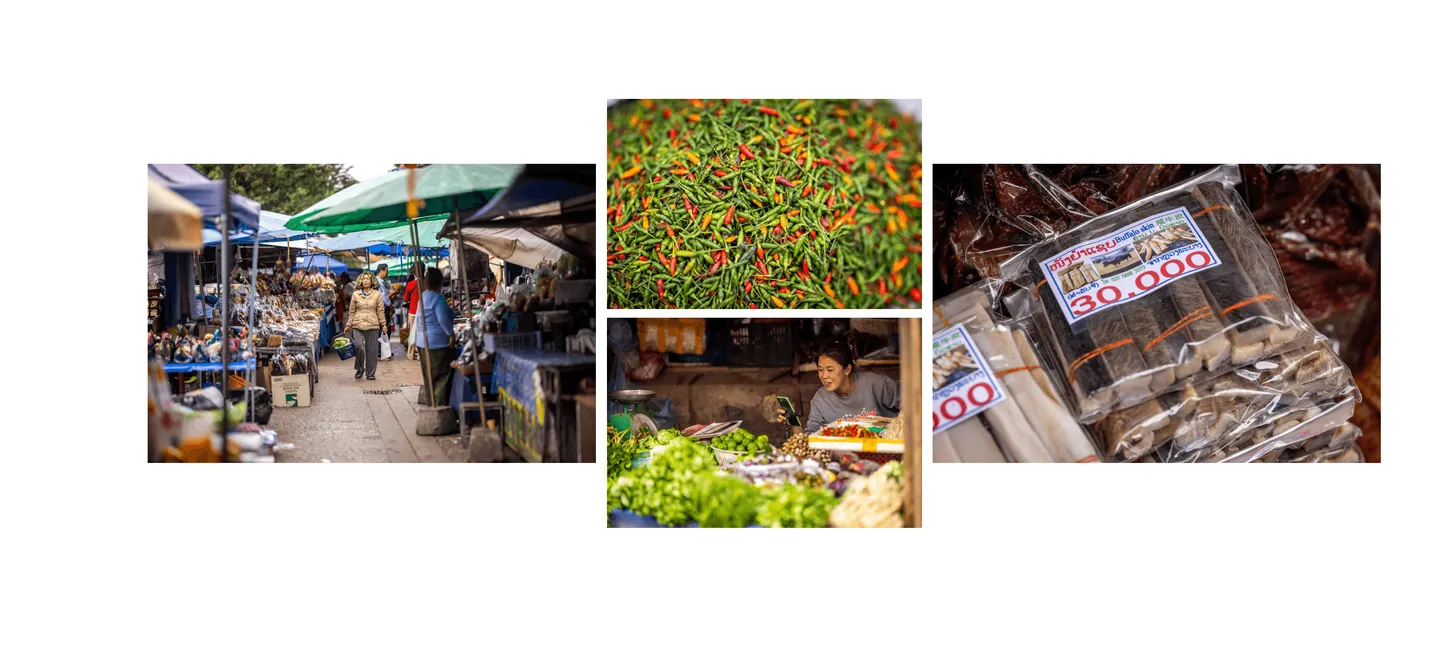 Voyage au Laos - Morning Market animé avec habitants achetant produits frais - ici notamment piment et peau de buffle séchée Voyage au Laos - Morning Market animé avec habitants achetant produits frais (ici notamment piment et peau de buffle séchée)