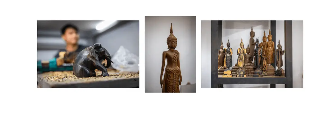 Voyage au Laos - motifs de Bouddha en mudras et statue d'éléphant en ébène noir du Laos, puisant dans l'univers bouddhiste