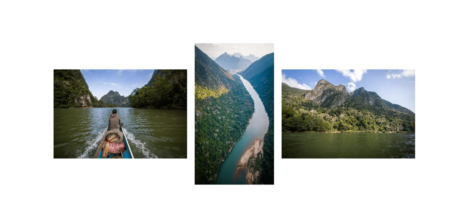 Voyage au Laos - navigation contemplative sur la Nam Ou entouré de montagnes karstiques couvertes de jungle dense, et vues de drone