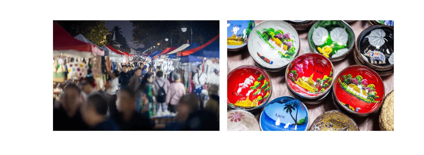 Voyage au Laos - Night Market de Luang Prabang avec artisanat, textiles et lanternes en papier Voyage au Laos - Night Market de Luang Prabang avec artisanat, textiles et lanternes en papier