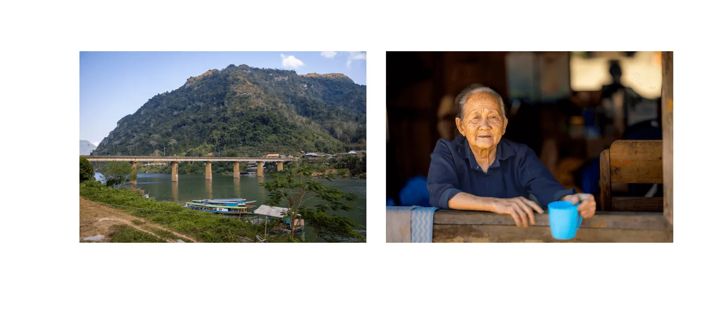 Voyage au Laos - pont enjambant la Nam Ou et reliant les deux rives du village de Nong Khiaw, ainsi que portrait d'une habitante