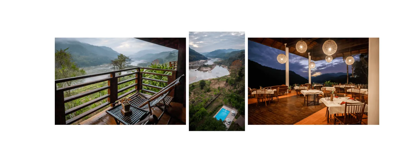 Voyage au Laos - terrasse de restaurant et hôtel à Pakbeng avec merveilleuse vue sur le Mékong