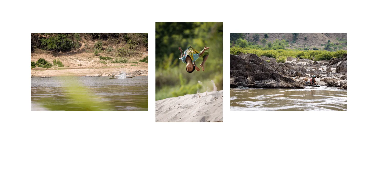 Voyage au Laos - vie locale le long des rives du Mékong : enfants qui jouent dans le sable, pêcheurs et chercheurs d'or