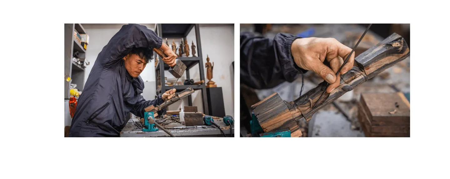 Voyage au Laos - sculpteur outillé de ciseaux de tailles variées travaillant le bois brut progressivement