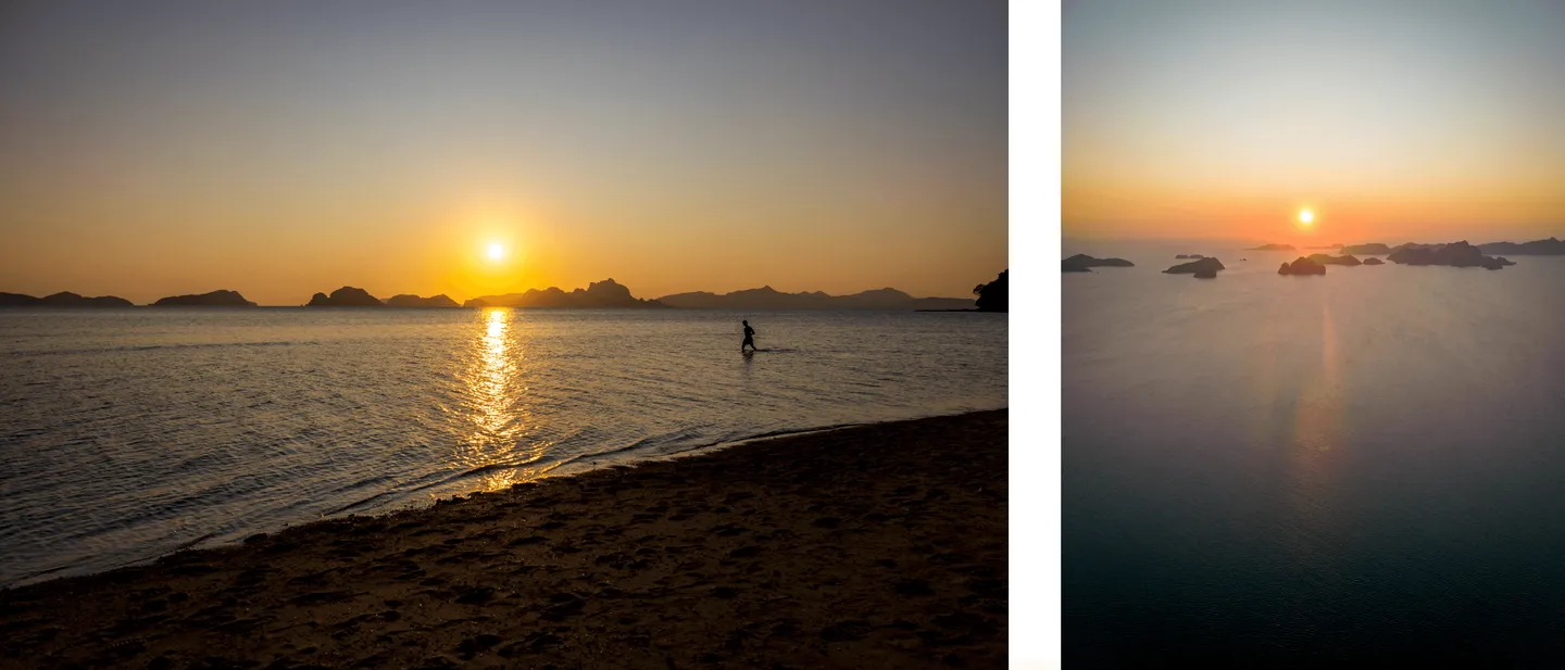 Voyage aux Philippines - coucher de soleil sur la baie de Bacuit depuis la plage de Las Cabañas à El Nido