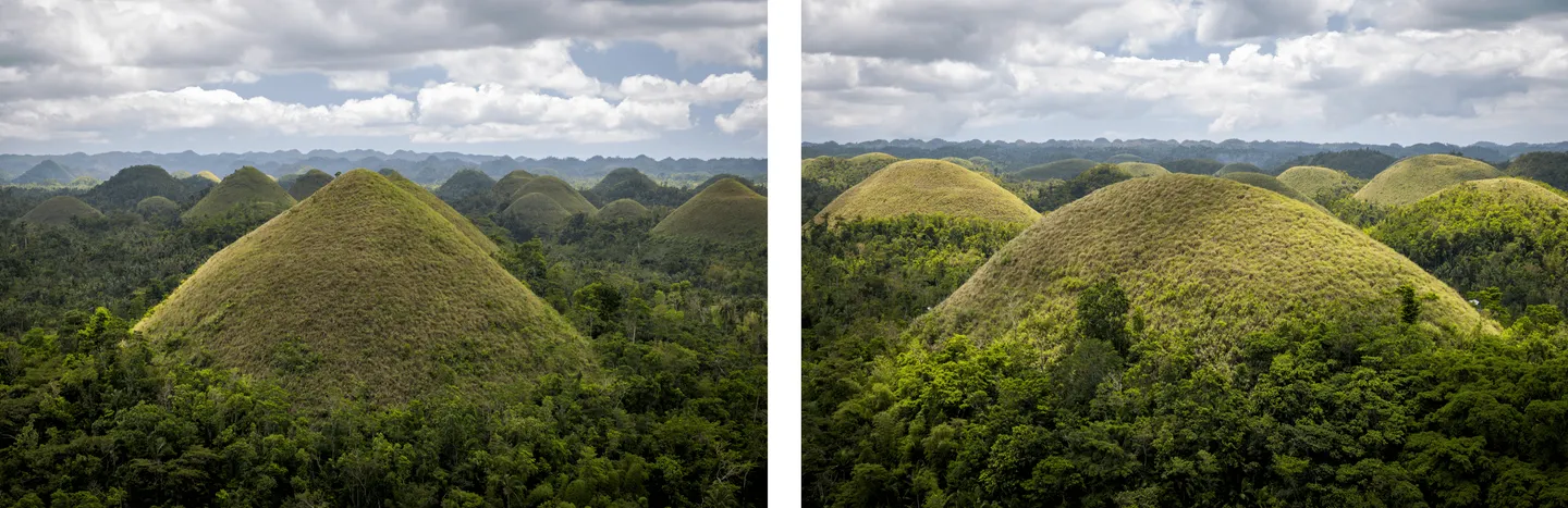 Voyage aux Philippines - deux vues aériennes des Chocolate Hills de Bohol, formation géologique unique au monde