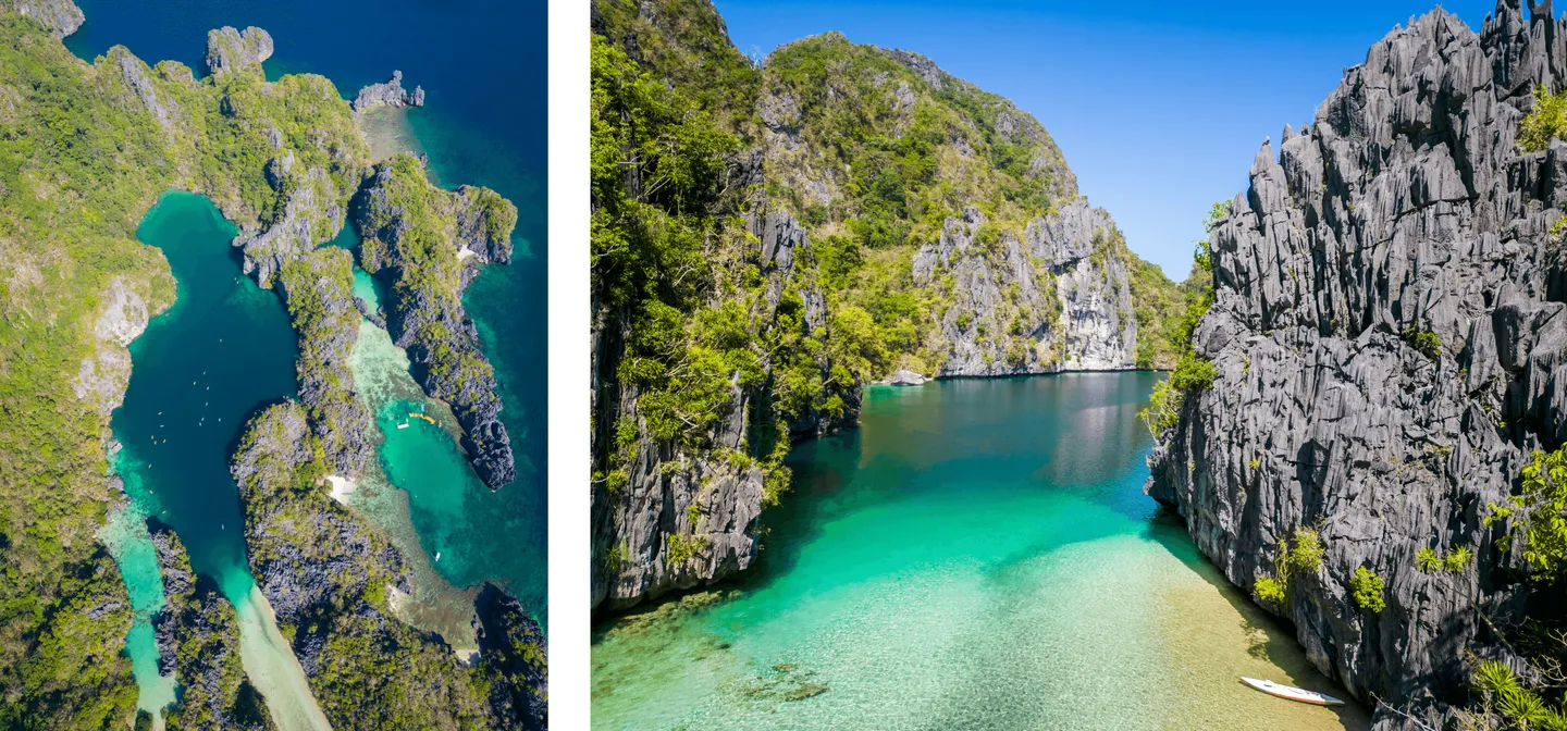 Voyage aux Philippines - vue aérienne du Big Lagoon d’El Nido aux eaux émeraude, Palawan
