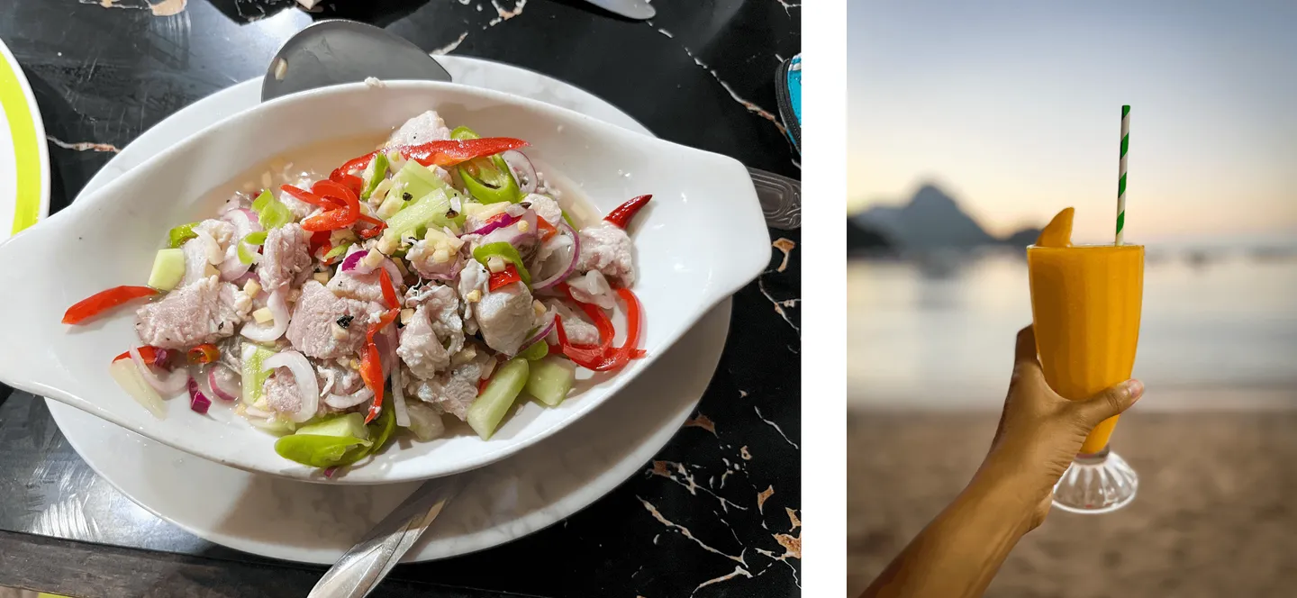 Voyage aux Philippines - ceviche philippin et smoothie à la mangue, dégustés devant la plage principale d’El Nido