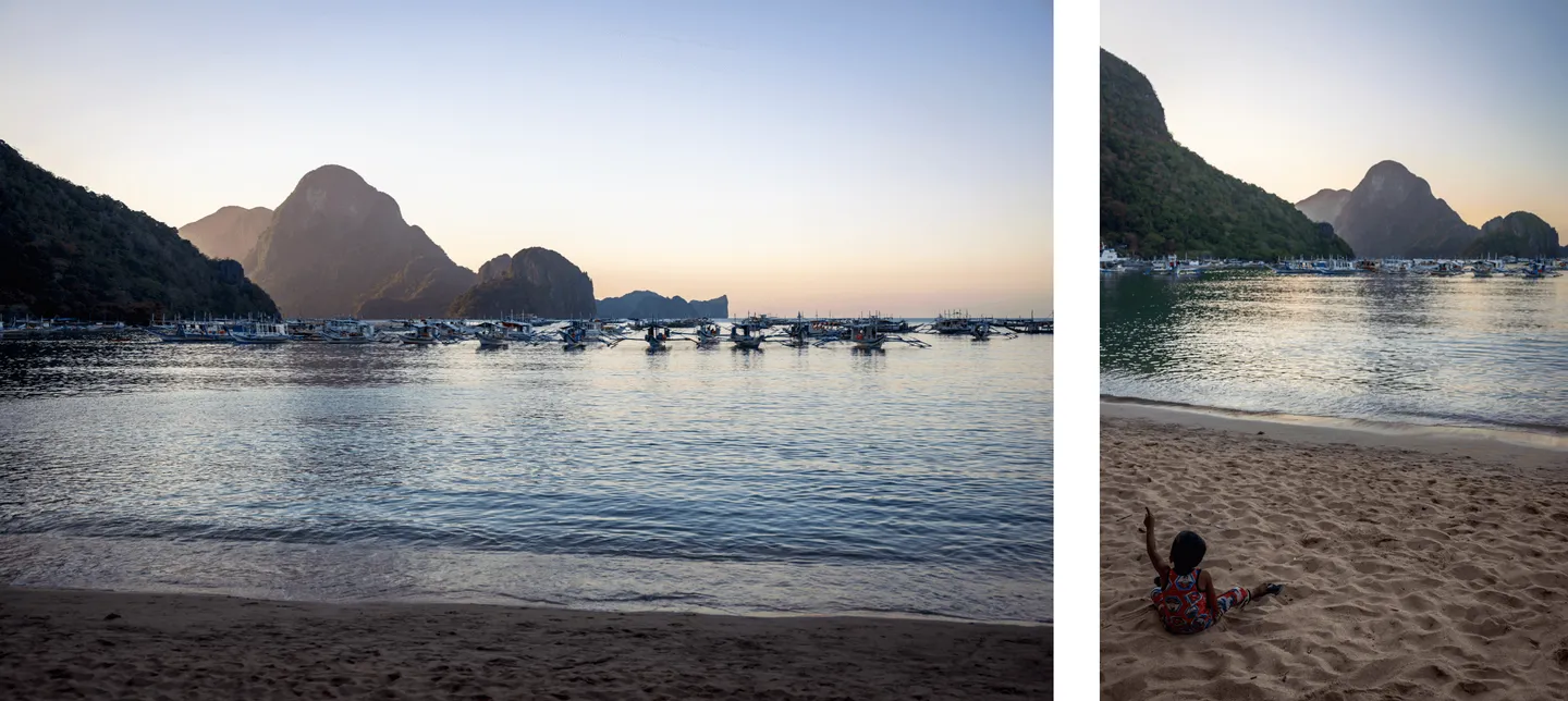 Voyage aux Philippines - plage principale d’El Nido avec bangkas amarrés et falaises karstiques