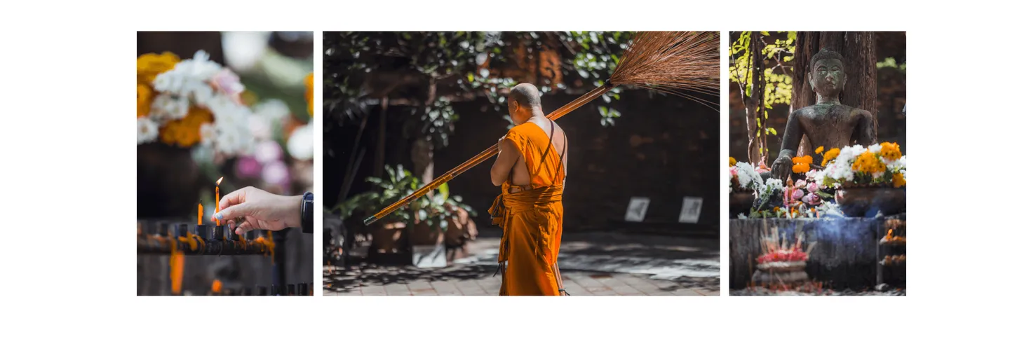 Voyage en Thaïlande - moine bouddhiste et offrandes devant les tunnels du Wat Umong à Chiang Mai