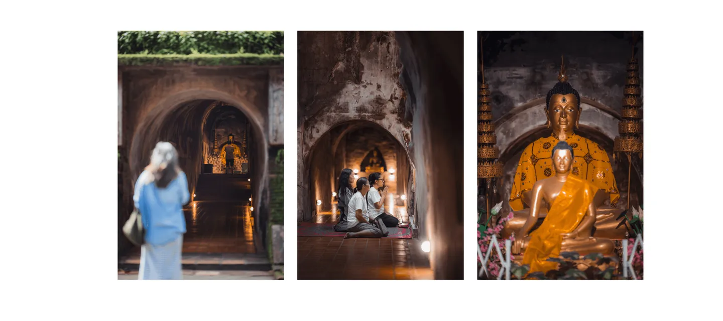 Voyage en Thaïlande - Visiteurs, prières et statue de Bouddha dorée dans les tunnels du Wat Umong à Chiang Mai