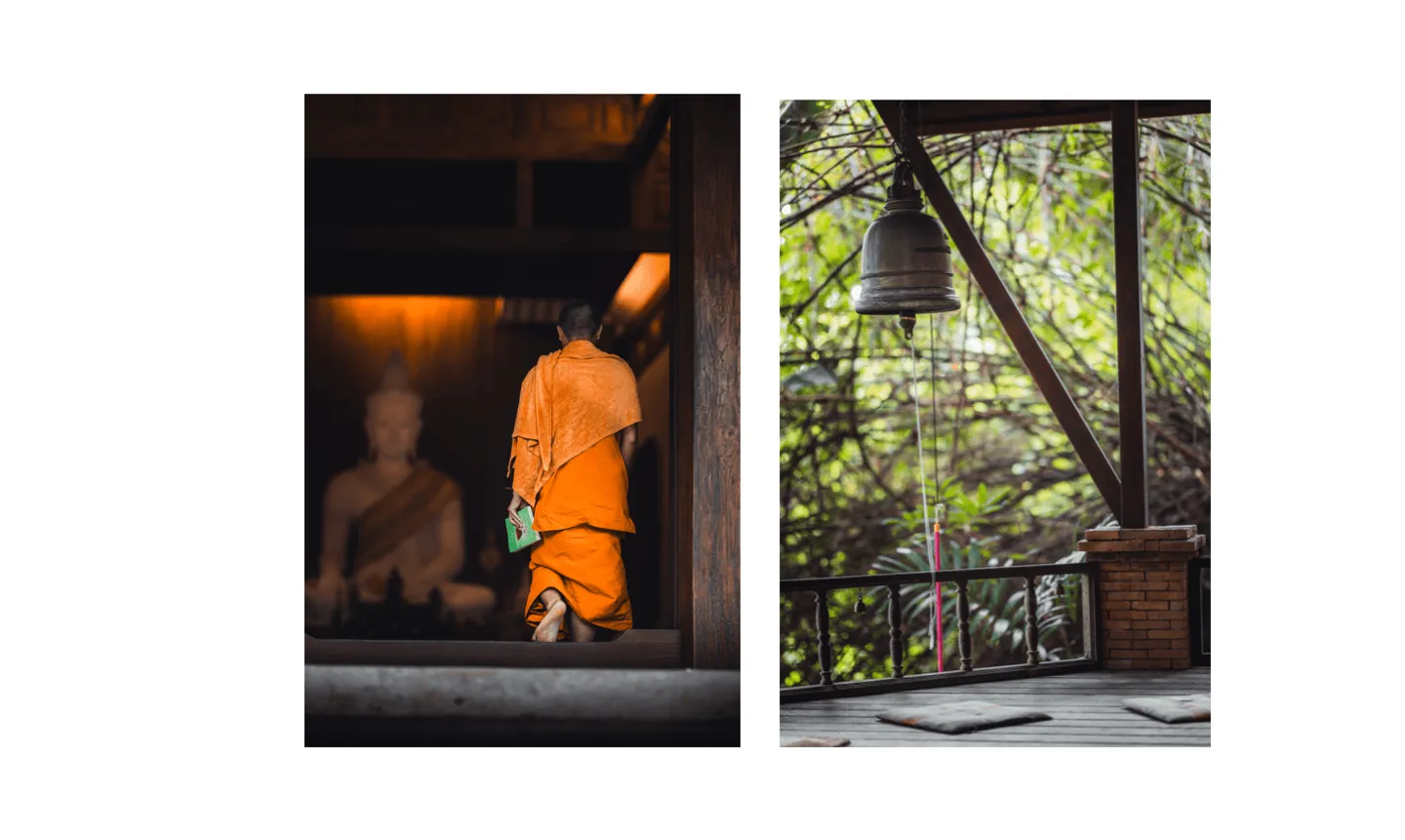 Voyage en Thaïlande - cabanes en bois des moines résidents disséminées dans la forêt Voyage en Thaïlande - cabanes en bois des moines résidents disséminées dans la forêt