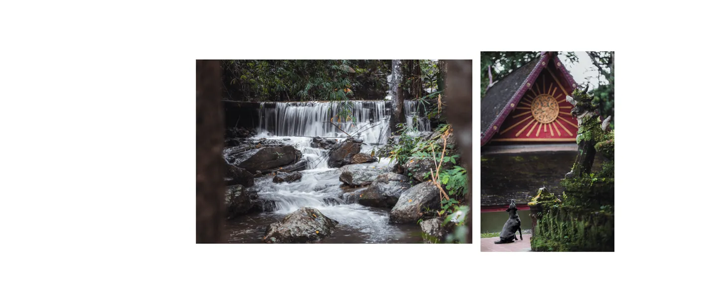 Voyage en Thaïlande - ruisseau cascadant à travers les rochers au cœur du Wat Pha Lat Voyage en Thaïlande - ruisseau cascadant à travers les rochers au cœur du Wat Pha Lat