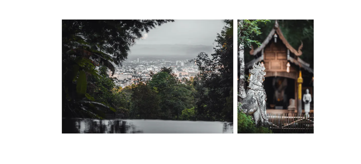 Voyage en Thaïlande - vue plongeante sur Chiang Mai depuis le Wat Pha Lat perché à mi-pente Voyage en Thaïlande - vue plongeante sur Chiang Mai depuis le Wat Pha Lat perché à mi-pente